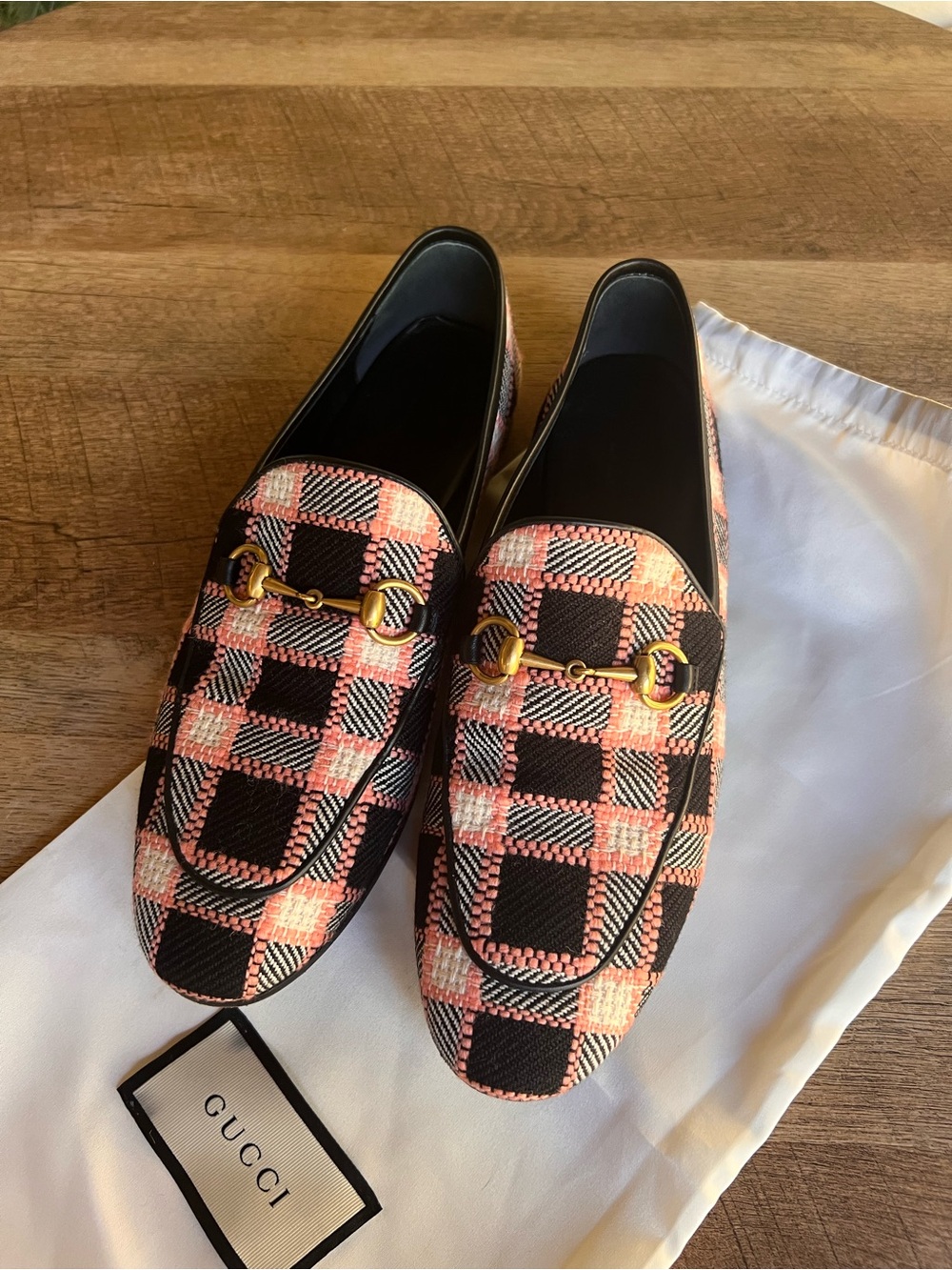 Gucci Jordaan Fancy Black & Pink Horsebit Tweed Loafers